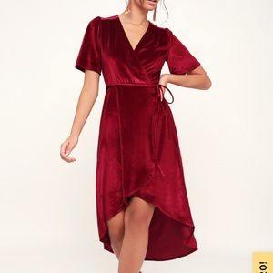 Lulus Amour Wine Red Velvet High-Low Wrap Dress